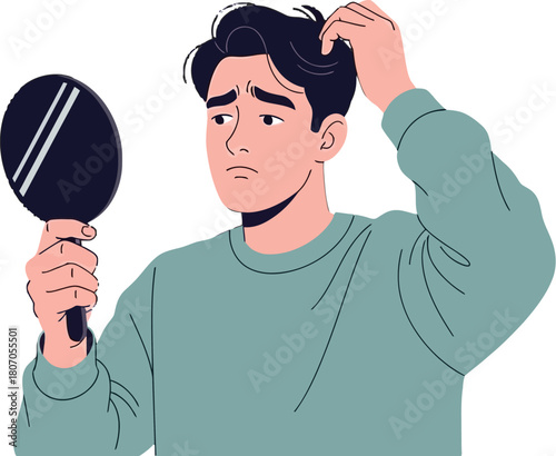 Worried man looking at his hair in a mirror, hair loss concept