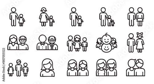 Family icons representing parents children and couples in simple line art