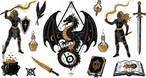 Enchanting fantasy illustration featuring knights, dragon, and magical items