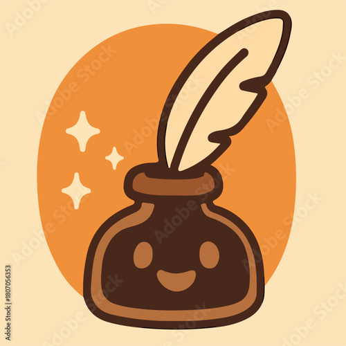 Ink bottle with feather quill vintage writing halloween stationery icon