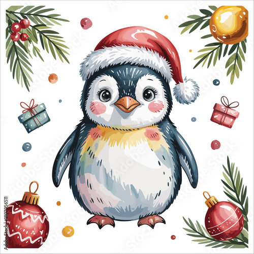 Watercolor penguin with a christmas hat isolated on
