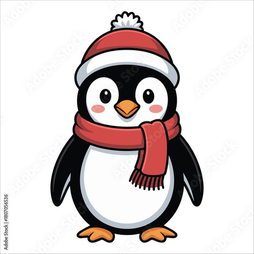 Cartoon penguin wearing a red hat and scarf isolated on