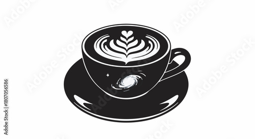 Artistic galaxy latte art in a dark cup, creating a cosmic coffee experience.