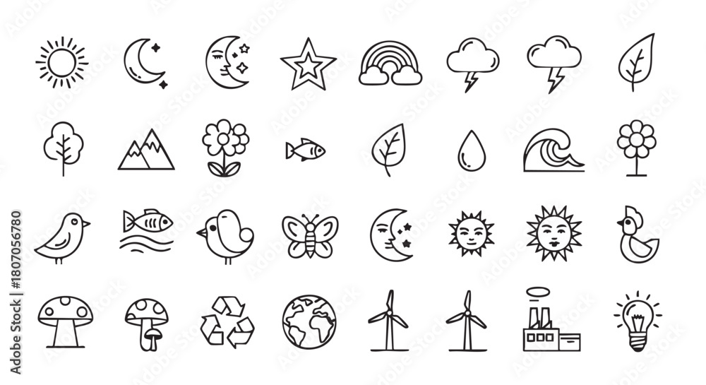 Fototapeta premium Nature and environment icons collection outline style for design projects