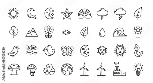 Nature and environment icons collection outline style for design projects
