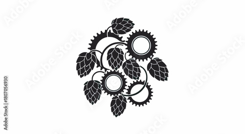 Intricate gears and hops blend to symbolize craft brewing innovation and natural ingredients.