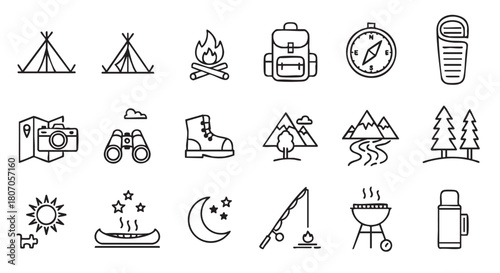 Outline icons illustrating camping outdoor adventure recreation and travel theme