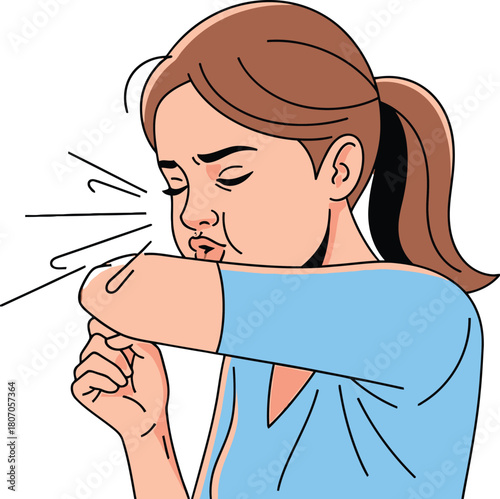 Depiction of a girl sneezing or coughing into her elbow hygiene concept