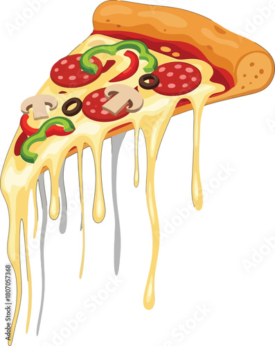 Appetizing pizza slice with generous cheese dripping delicious sensation