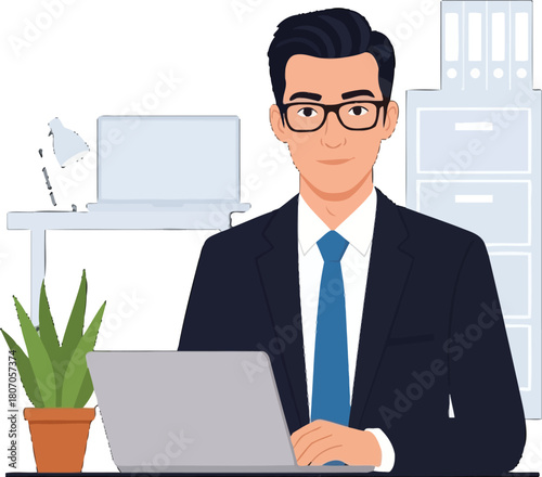 Professional businessman working in office with laptop and filing cabinet
