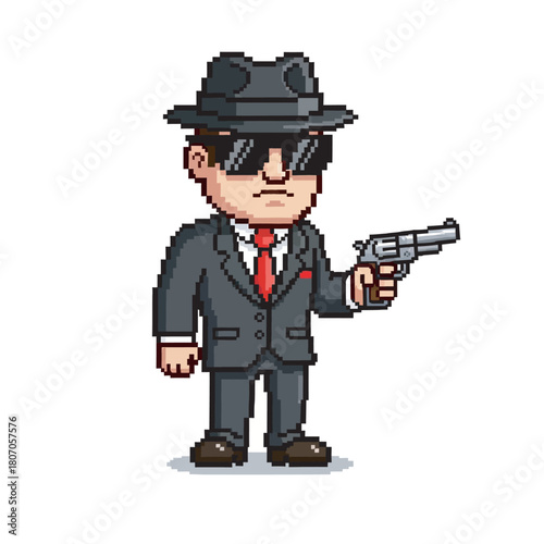 A pixel art character of a gangster in a suit, fedora, and sunglasses holding a revolver.