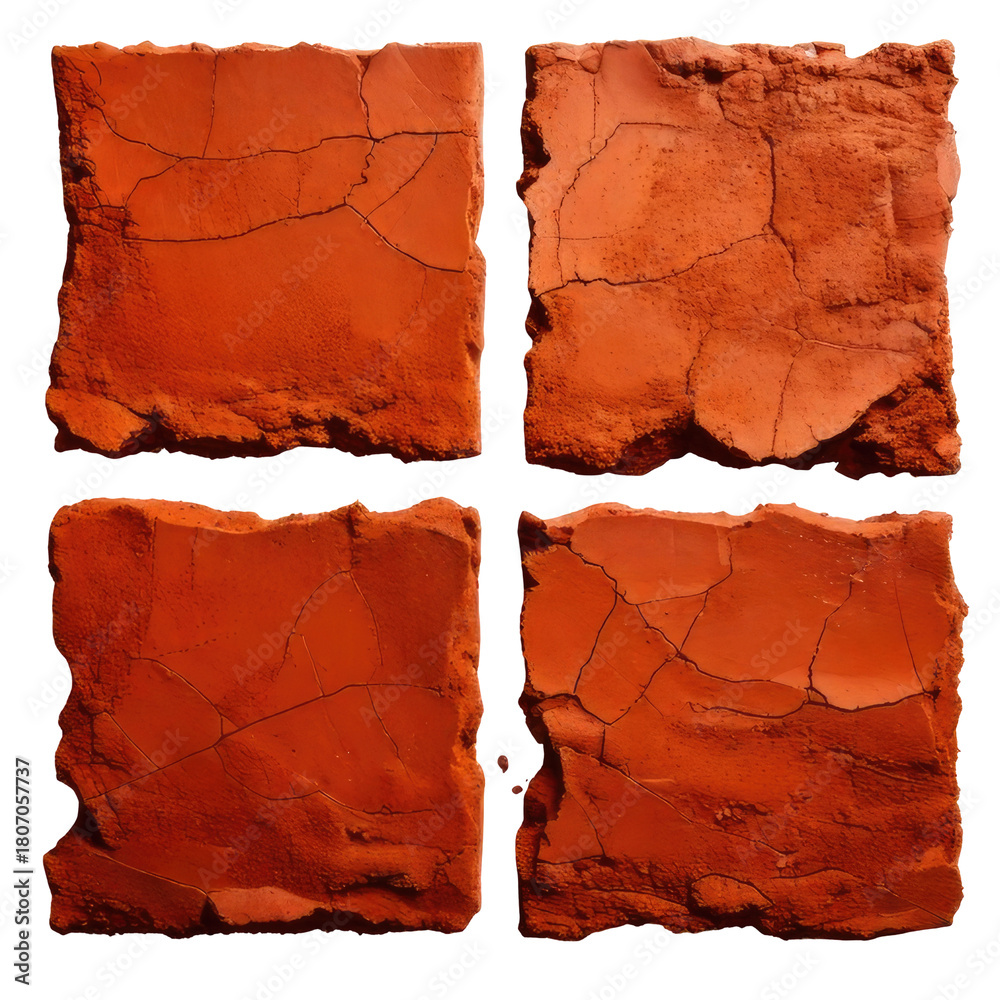 Fototapeta premium Four square, cracked reddish-brown tiles on black