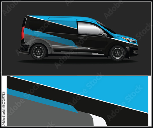 Modern van wrap design with blue and black graphics for advertising