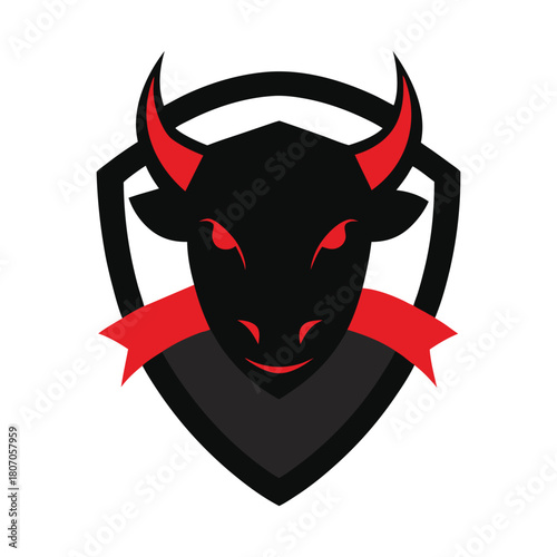 Vector bull head mascot logo presented on a shield for strong animal themed branding Vector illustration