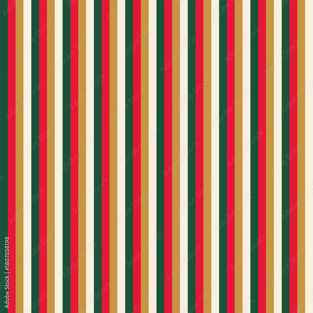 Obraz premium A classic festive striped Christmas pattern featuring vertical lines in traditional holiday colors: red, green, gold, and cream. The clean and balanced arrangement creates a warm and elegant seasonal 