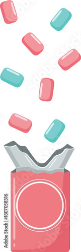 Aesthetic delightful colorful chewing gums popping out from opened pink pack