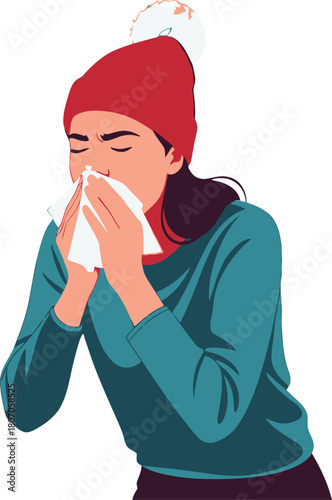 Isolated woman in beanie sneezing with a cold during seasonal illness