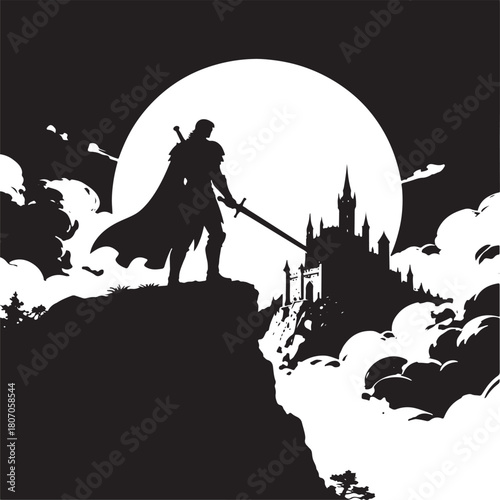 Silhouette Hero Standing Before Fantasy Castle Under Full Moon