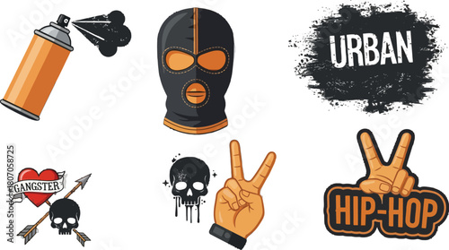 Urban street art elements depicting hip hop and rebellious culture graphics