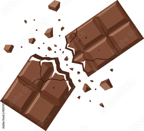 Exploding chocolate bar with fragmented pieces on a clean white backdrop