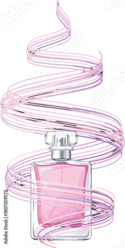 Elegant pink perfume bottle surrounded by swirling ribbons for promotion