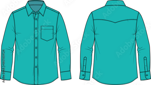 Teal long sleeve button down shirt, front and back view vector illustration, men's fashion clothing mockup for technical sketch and retail design.