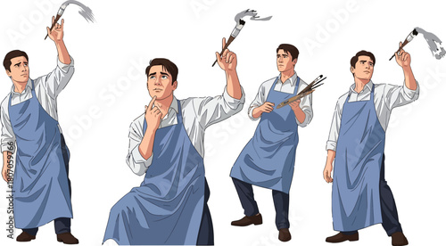 Painter Man in Various Poses Contemplating Creativity and Artistic Expression