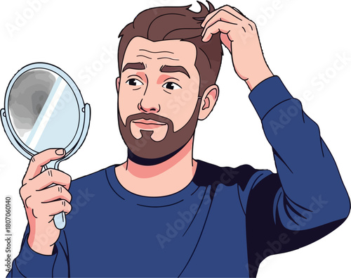 Concerned man inspecting hair with a handheld mirror in a vector illustration