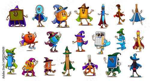 Halloween groovy school supply characters of retro hippie stationery vector personages in witch and wizard hats. Cartoon y2k book, pencil, pen and ruler. Funny groovy globe and calculator characters