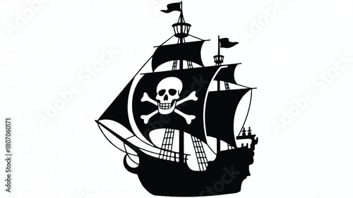 A black and white silhouette illustration of a pirate ship with a Jolly Roger flag 