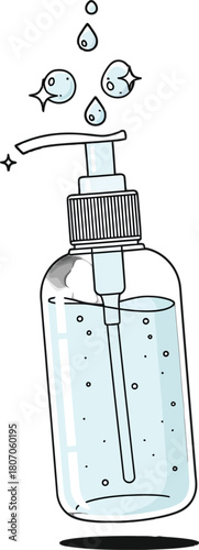 Illustrated hand sanitizer dispenser bottle with liquid and bubbles motion