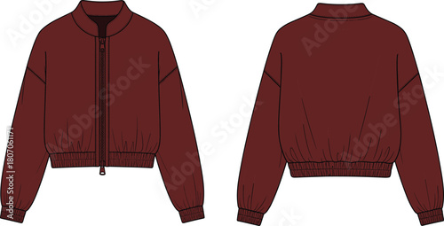 Cropped burgundy bomber jacket technical flat sketch with mock neck and zip front, front and back view vector illustration.