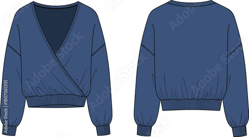 Cropped navy blue wrap top technical flat sketch with crossover V-neck and ribbed hem, front and back view vector illustration.