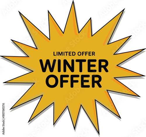 Yellow starburst winter offer badge, limited time sale sticker vector illustration, promotional discount label for retail marketing and seasonal shopping campaign.