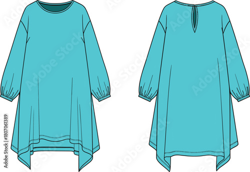 Cyan oversized tunic dress technical drawing, fashion flat vector with long sleeves and asymmetrical hem, front and back view illustration.