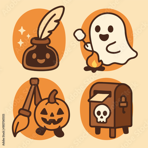 Halloween mini badge set ghost with quill pumpkin lantern and mailbox icons