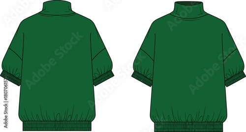 Dark green short sleeve turtleneck top technical flat sketch with puff sleeves and elastic hem, front and back vector.