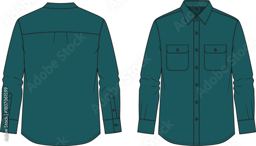 Dark teal long sleeve men's shirt technical drawing, fashion flat vector with two pockets and collar, front and back view.
