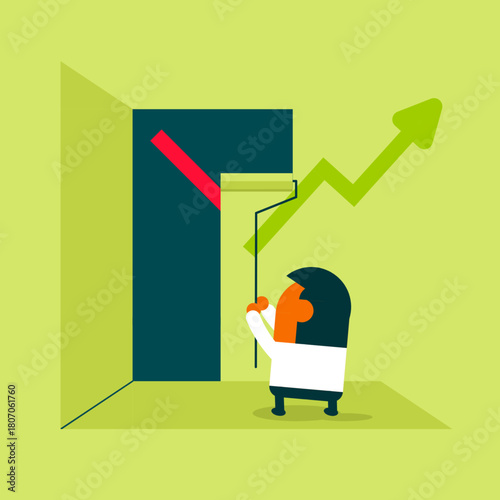 A cartoon businessman painting over a downward trend and transforming it into an upward arrow, symbolizing growth, improvement, and positive progress in a playful, creative style.
