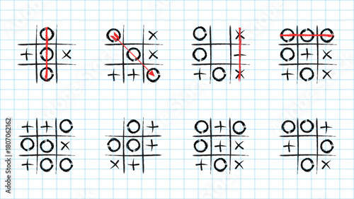 Eight Tic Tac Toe Games Showing Wins and Moves on Grid Paper Background strategy loss