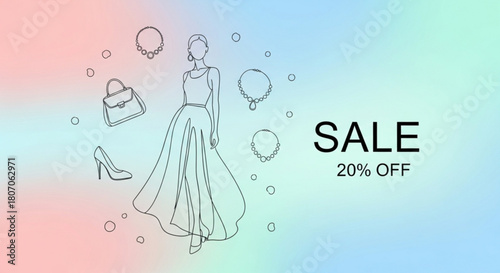 Fashionable 20% Off Sale Promotion with Elegant Dress, Jewelry, and Handbag for Style Enthusiasts and Shoppers Seeking Great Deals and Chic Accessories