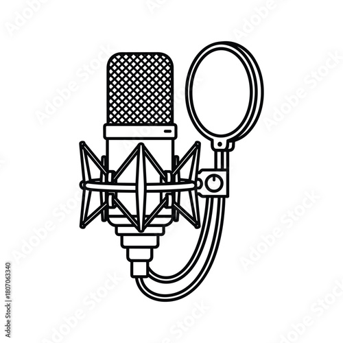 Studio microphone with pop filter and shock mount, isolated on