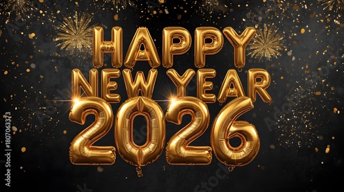 Golden balloons spell happy new year 2026 with festive fireworks and confetti display on dark background