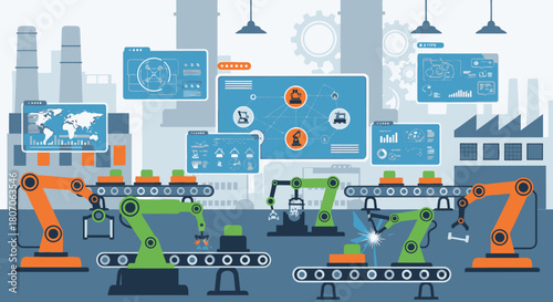 Automated factory assembly line with robotic arms assembling products, monitored by digital interfaces, with factory background.