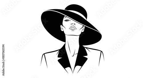 Elegant woman in a wide-brimmed hat and suit, depicted in a stylish black and white illustration.