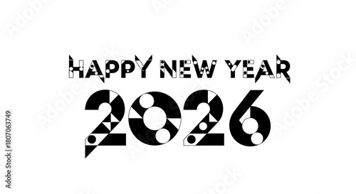 Black and white graphic design celebrating the arrival of the new year 2026.