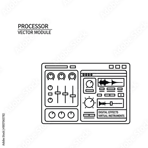 Digital audio processor vector module with faders and knobs, isolated on