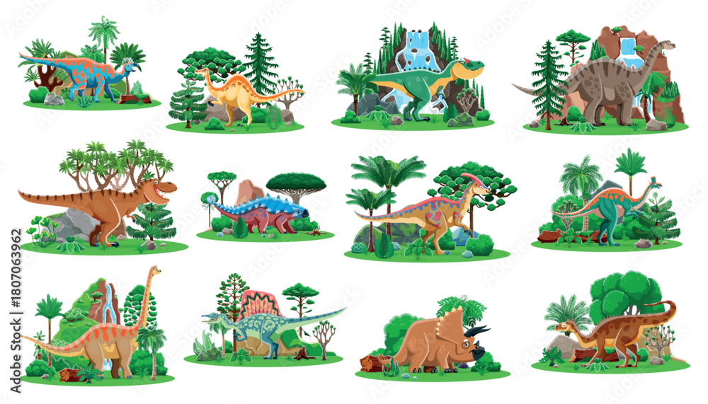 Naklejka premium Prehistoric dinosaur characters in natural landscape with lush greenery and rocks. Cartoon vector species of ancient reptile creatures, Jurassic era animals in jungle forest with plants and waterfalls