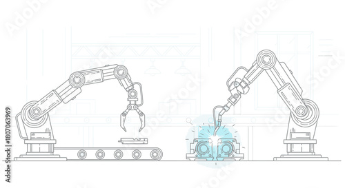 Two robotic arms performing industrial tasks, one placing objects, the other welding.