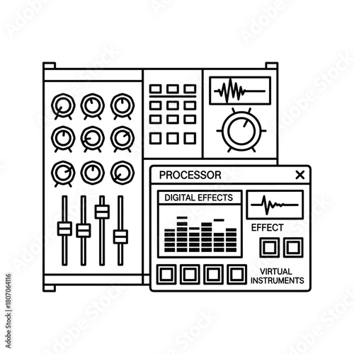 Audio mixing console and digital effects processor with equalizer and waveform display, isolated on